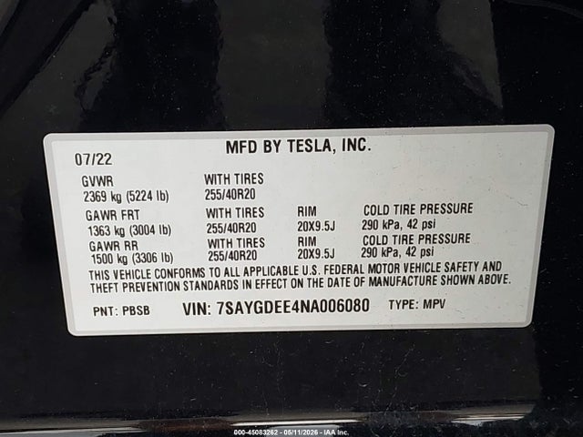 Продажа на аукционе авто 2022 Tesla Model Y Long Range Dual Motor All-wheel Drive, vin: 7SAYGDEE4NA006080, номер лота: 45083262