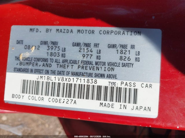 2013 Mazda Mazda3 I Touring მანქანა იყიდება აუქციონზე, vin: JM1BL1V8XD1711838, აუქციონის ნომერი: 45083264