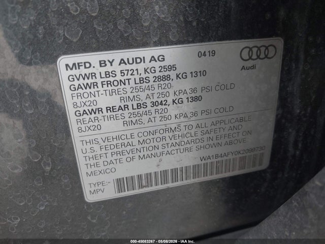 WA1B4AFY0K2099730 Audi Sq5 3.0t Premium