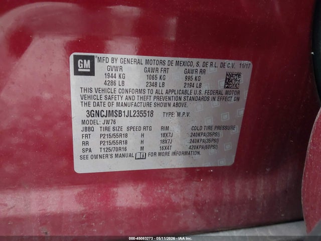 Продаж на аукціоні авто 2018 Chevrolet Trax Premier, vin: 3GNCJMSB1JL235518, номер лоту: 45083273