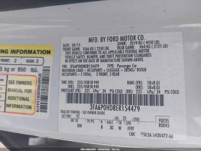 45083290 :رقم المزاد ، 3FA6P0HD8ER154479 vin ، 2014 Ford Fusion Se مزاد بيع