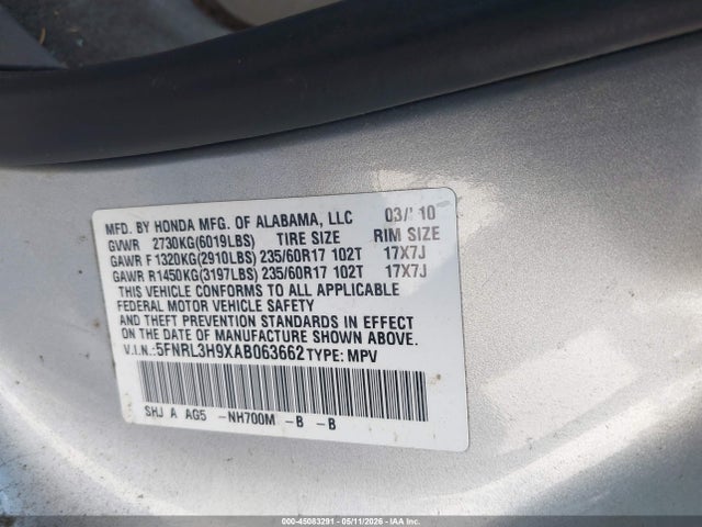 45083291 :رقم المزاد ، 5FNRL3H9XAB063662 vin ، 2010 Honda Odyssey Touring مزاد بيع