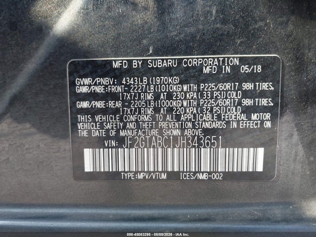 45083295 :رقم المزاد ، JF2GTABC1JH343651 vin ، 2018 Subaru Crosstrek 2.0i Premium مزاد بيع