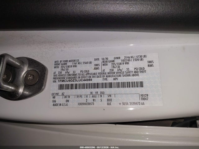 Aukcja sprzedaży 2020 Ford Escape Titanium Hybrid, vin: 1FMCU9DZ3LUC44989, numer aukcji: 45083296