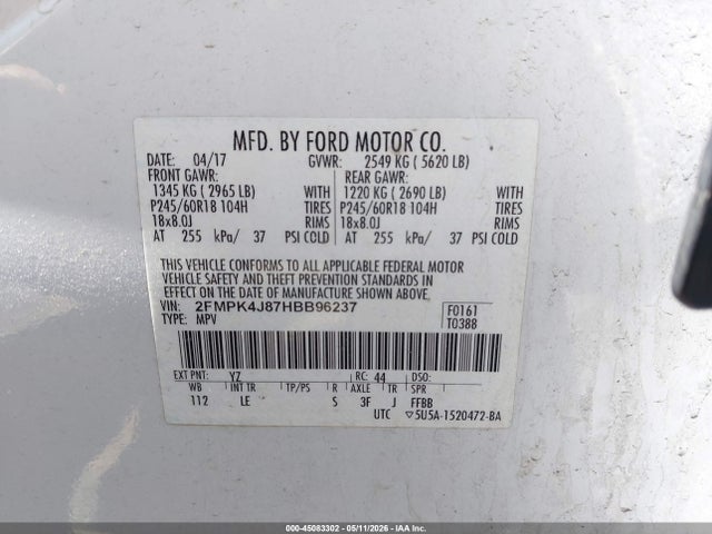 Продаж на аукціоні авто 2017 Ford Edge Sel, vin: 2FMPK4J87HBB96237, номер лоту: 45083302
