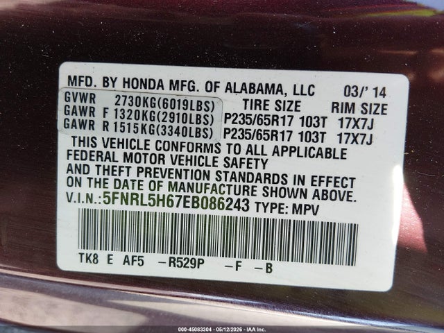 Honda Odyssey Ex-l 2014 5FNRL5H67EB086243 Image 9