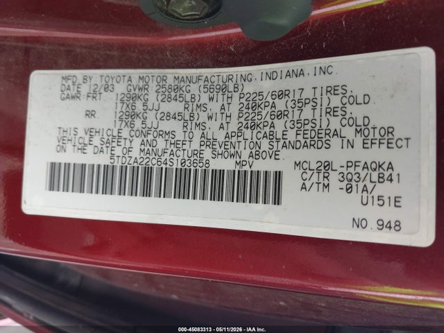 45083313 :رقم المزاد ، 5TDZA22C64S103658 vin ، 2004 Toyota Sienna Xle مزاد بيع