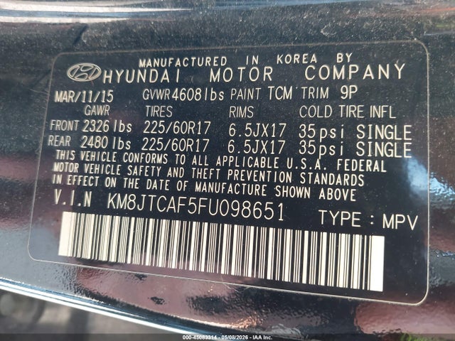 2015 Hyundai Tucson Gls მანქანა იყიდება აუქციონზე, vin: KM8JTCAF5FU098651, აუქციონის ნომერი: 45083314