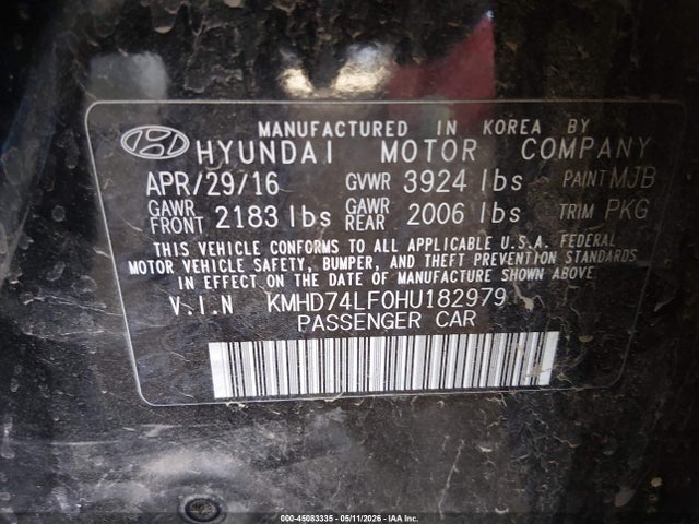 Aukcja sprzedaży 2017 Hyundai Elantra Se, vin: KMHD74LF0HU182979, numer aukcji: 45083335