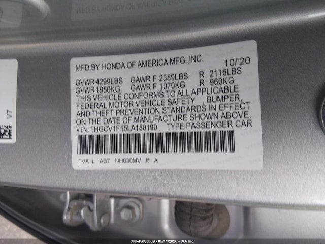 Aukcja sprzedaży 2020 Honda Accord Lx, vin: 1HGCV1F15LA150190, numer aukcji: 45083339