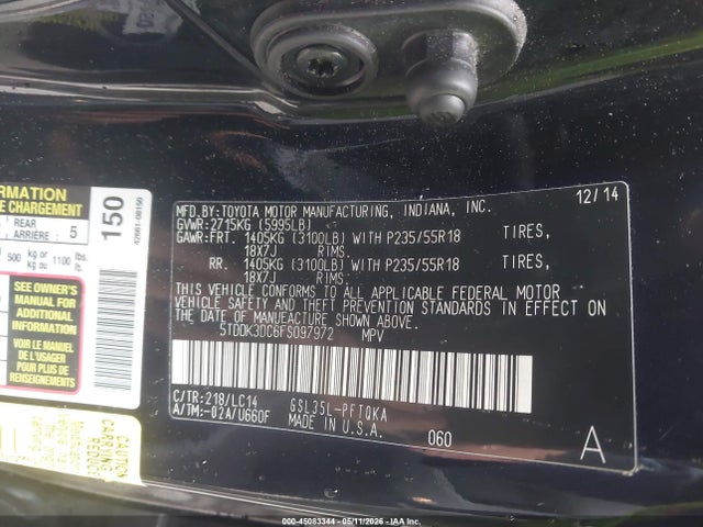 2015 Toyota Sienna Xle Premium 7 Passenger მანქანა იყიდება აუქციონზე, vin: 5TDDK3DC6FS097972, აუქციონის ნომერი: 45083344
