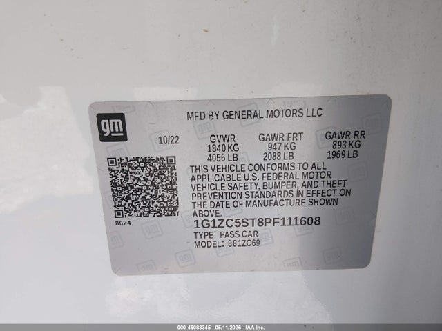 Продажа на аукционе авто 2023 Chevrolet Malibu Fwd 1fl, vin: 1G1ZC5ST8PF111608, номер лота: 45083345