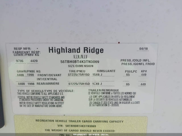 Продажа на аукционе авто 2019 Highland Ridge Other, vin: 58TBH0BT4K3TN3069, номер лота: 45083353