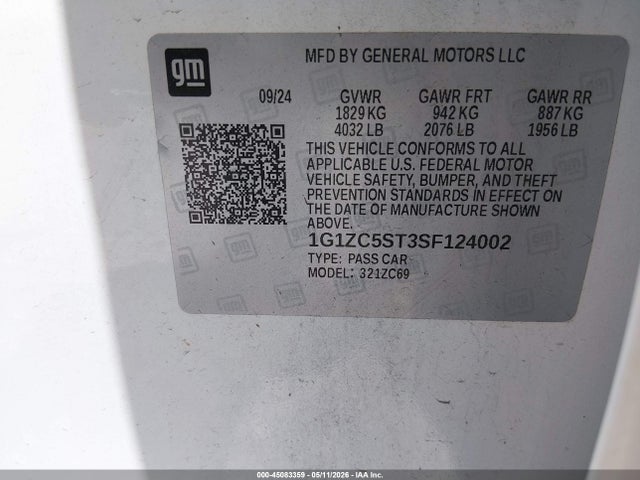 Aukcja sprzedaży 2025 Chevrolet Malibu Fwd 1fl, vin: 1G1ZC5ST3SF124002, numer aukcji: 45083359