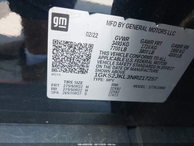45083362 :رقم المزاد ، 1GKS2JKL3NR217257 vin ، 2022 Gmc Yukon Xl 4wd Denali مزاد بيع
