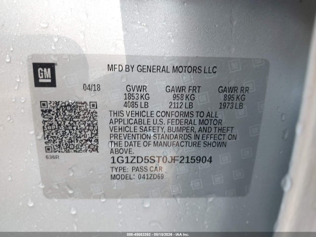 Aukcja sprzedaży 2018 Chevrolet Malibu Lt, vin: 1G1ZD5ST0JF215904, numer aukcji: 45083392
