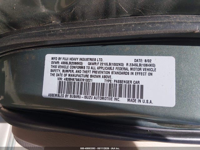 Aukcja sprzedaży 2003 Subaru Outback, vin: 4S3BH675937613221, numer aukcji: 45083393