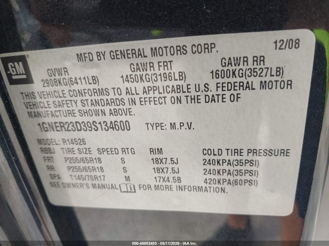 Auction sale of the 2009 Chevrolet Traverse Lt, vin: 1GNER23D39S134600, lot number: 45083403