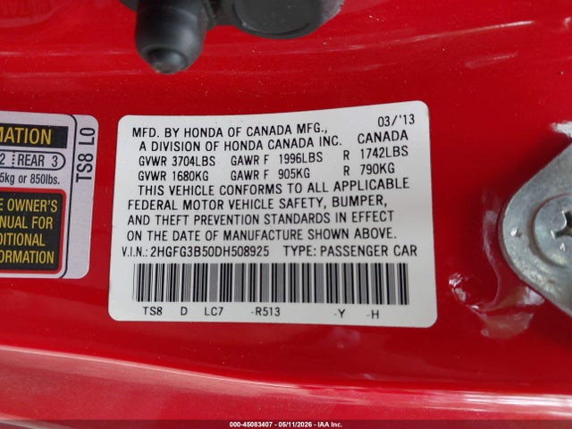 45083407 :رقم المزاد ، 2HGFG3B50DH508925 vin ، 2013 Honda Civic Lx مزاد بيع