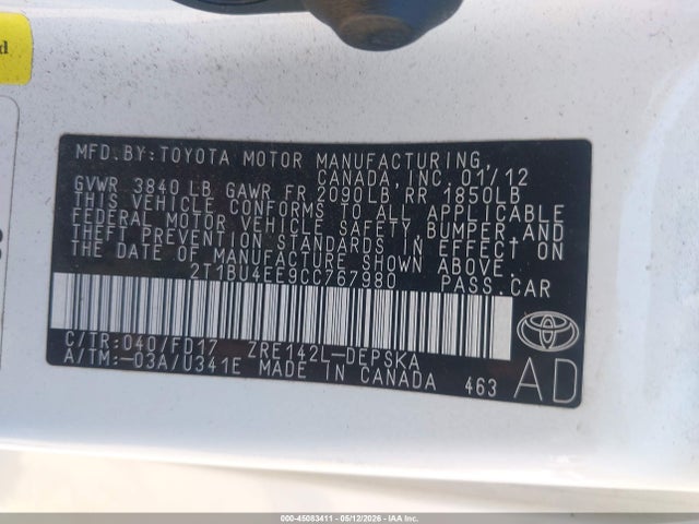 Aukcja sprzedaży 2012 Toyota Corolla S, vin: 2T1BU4EE9CC767980, numer aukcji: 45083411