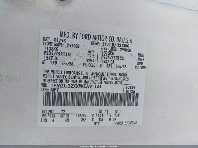 Продаж на аукціоні авто 1998 Ford Explorer Eddie Bauer/limited/xl/xlt, vin: 1FMZU32XXWZA91141, номер лоту: 45083423