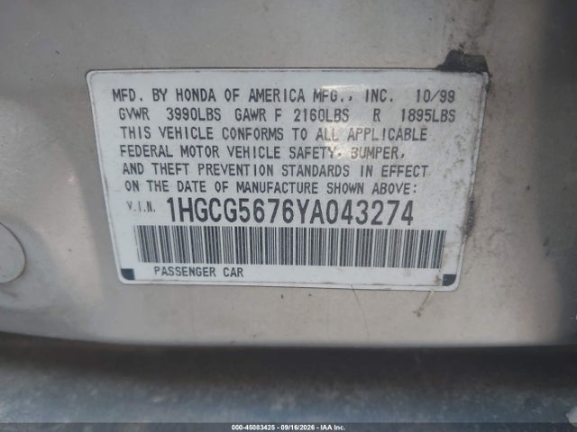 2000 Honda Accord 2.3 Se მანქანა იყიდება აუქციონზე, vin: 1HGCG5676YA043274, აუქციონის ნომერი: 45083425