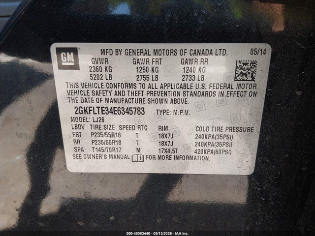 Aukcja sprzedaży 2014 Gmc Terrain Slt-2, vin: 2GKFLTE34E6345783, numer aukcji: 45083440