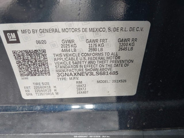 Aukcja sprzedaży 2020 Chevrolet Equinox Fwd Premier 1.5l Turbo, vin: 3GNAXNEV3LS681485, numer aukcji: 45083447