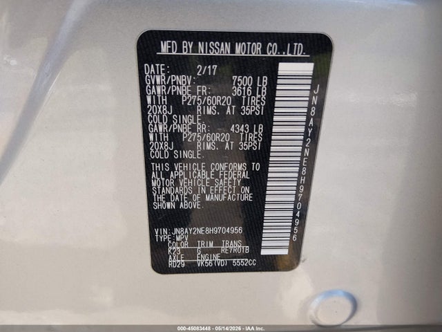 Продажа на аукционе авто 2017 Nissan Armada Platinum, vin: JN8AY2NE8H9704956, номер лота: 45083448