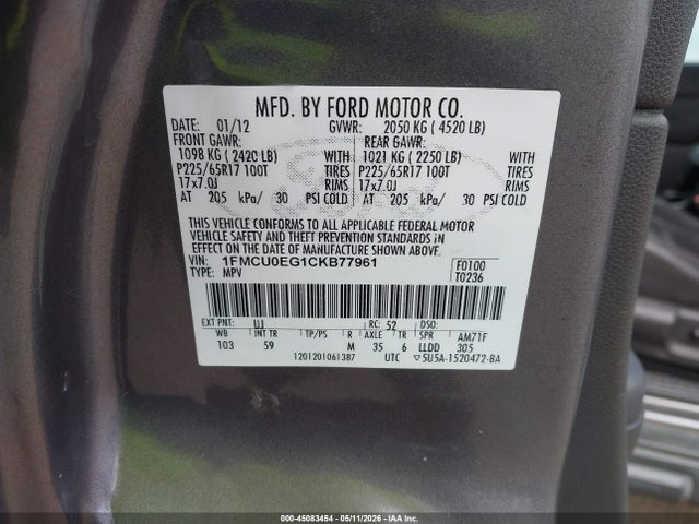 45083454 :رقم المزاد ، 1FMCU0EG1CKB77961 vin ، 2012 Ford Escape Limited مزاد بيع