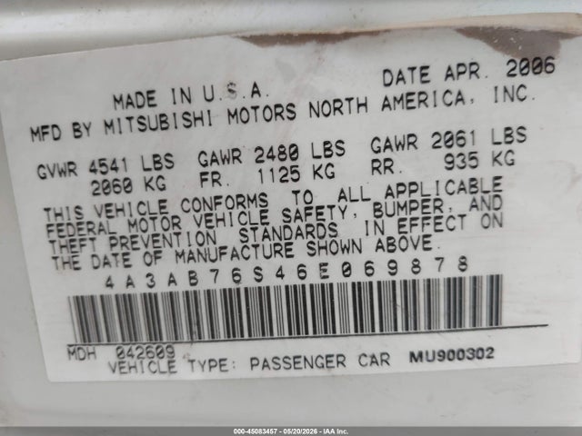 45083457 :رقم المزاد ، 4A3AB76S46E069878 vin ، 2006 Mitsubishi Galant Gts مزاد بيع