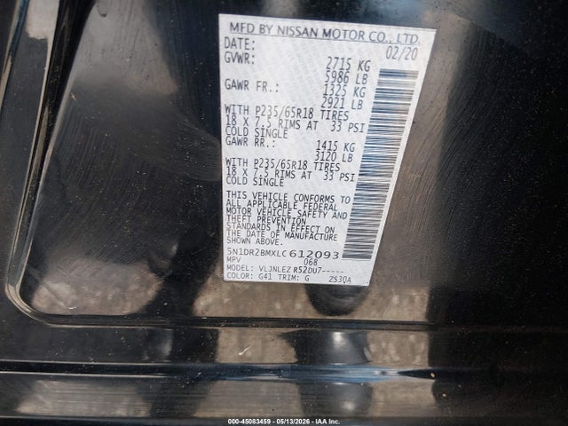Aukcja sprzedaży 2020 Nissan Pathfinder Sv 4wd, vin: 5N1DR2BMXLC612093, numer aukcji: 45083459