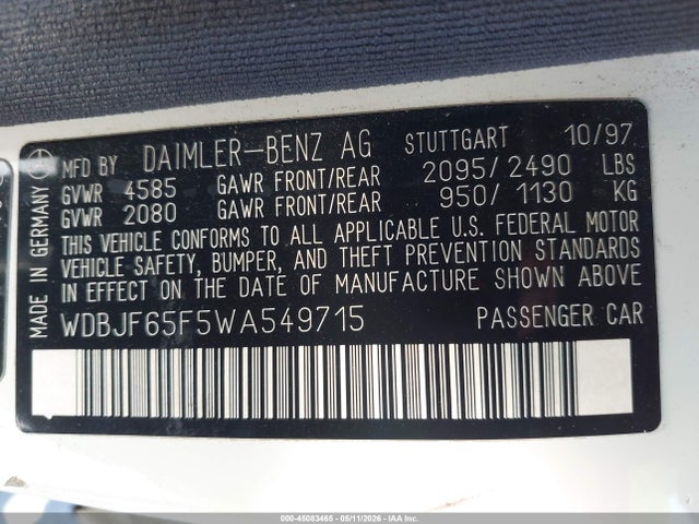 45083465 :رقم المزاد ، WDBJF65F5WA549715 vin ، 1998 Mercedes-benz E 320 مزاد بيع