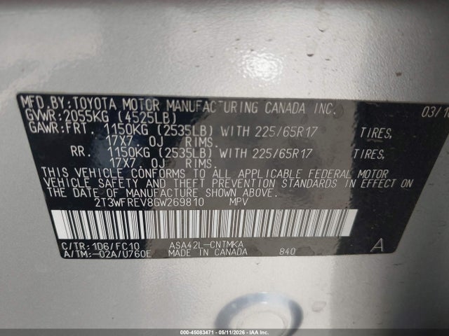 2T3WFREV8GW269810 Toyota Rav4 Xle