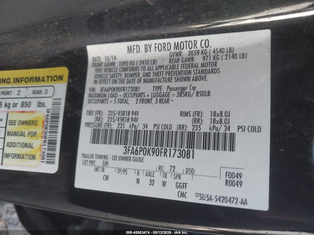 45083474 :رقم المزاد ، 3FA6P0K90FR173081 vin ، 2015 Ford Fusion Titanium مزاد بيع