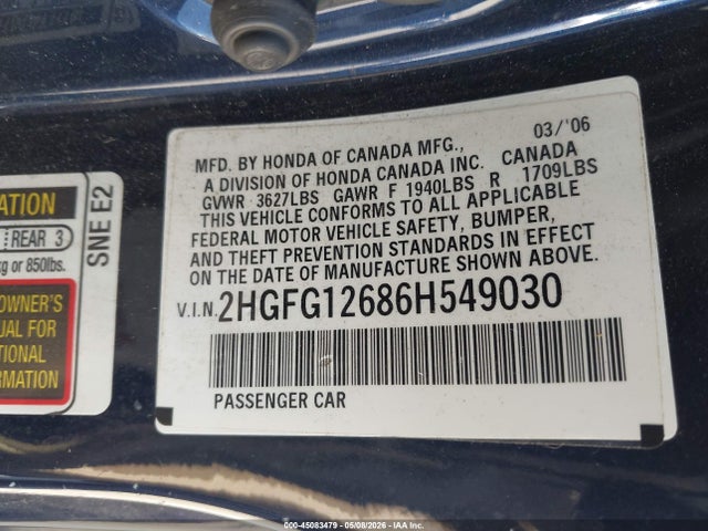45083479 :رقم المزاد ، 2HGFG12686H549030 vin ، 2006 Honda Civic Lx مزاد بيع