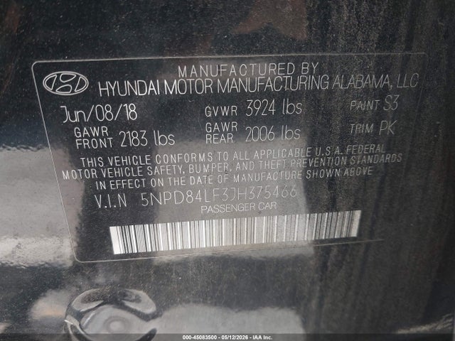 Продажа на аукционе авто 2018 Hyundai Elantra Sel, vin: 5NPD84LF3JH375466, номер лота: 45083500