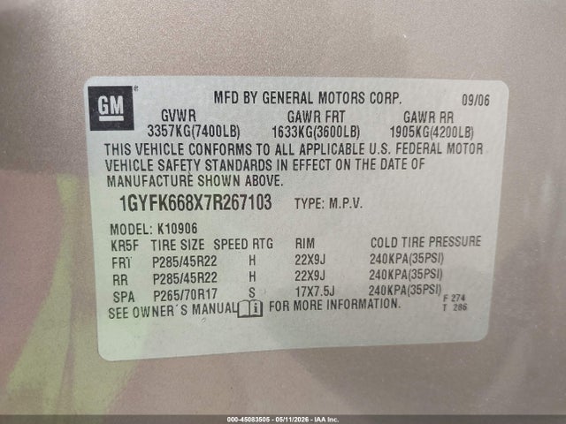 2007 Cadillac Escalade Esv Standard მანქანა იყიდება აუქციონზე, vin: 1GYFK668X7R267103, აუქციონის ნომერი: 45083505