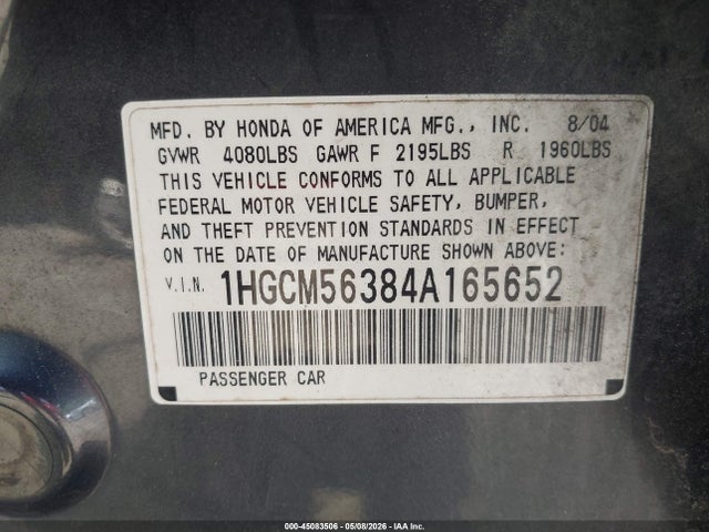 45083506 :رقم المزاد ، 1HGCM56384A165652 vin ، 2004 Honda Accord 2.4 Lx مزاد بيع