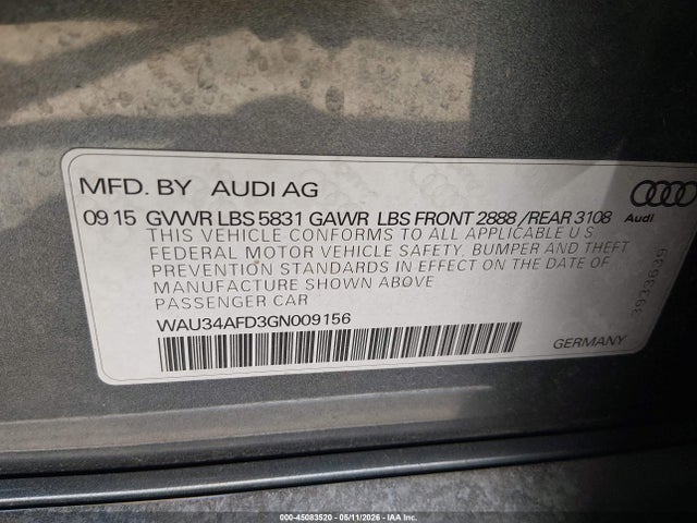 Aukcja sprzedaży 2016 Audi A8 L 3.0t, vin: WAU34AFD3GN009156, numer aukcji: 45083520