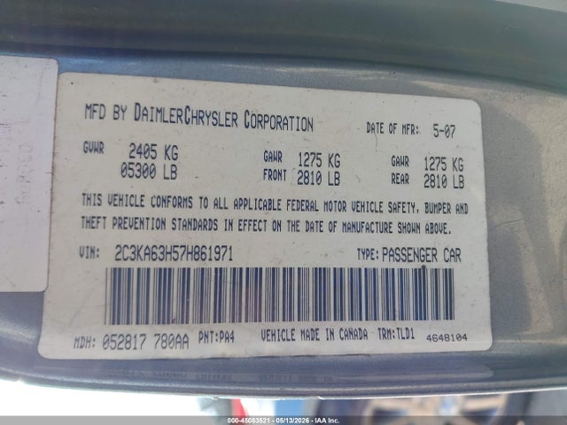 Auction sale of the 2007 Chrysler 300c, vin: 2C3KA63H57H861971, lot number: 45083521