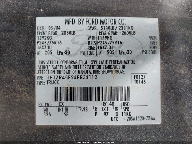 2004 Ford Ranger Edge/tremor/xlt მანქანა იყიდება აუქციონზე, vin: 1FTZR45E24PB34112, აუქციონის ნომერი: 45083523