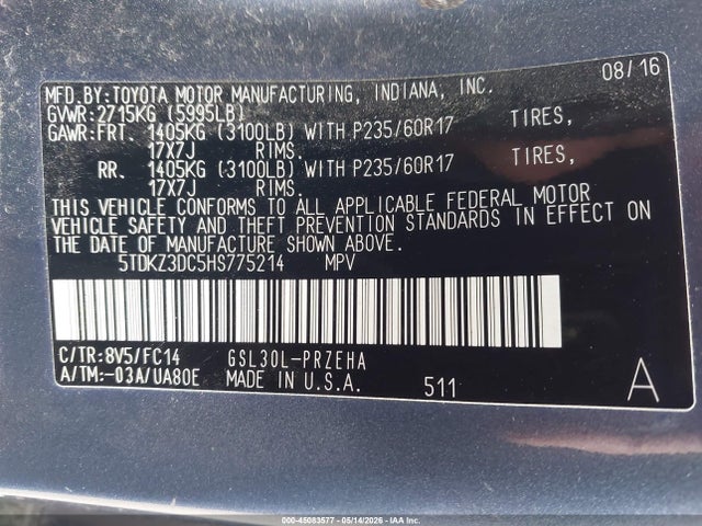 5TDKZ3DC5HS775214 Toyota Sienna Le 8 Passenger