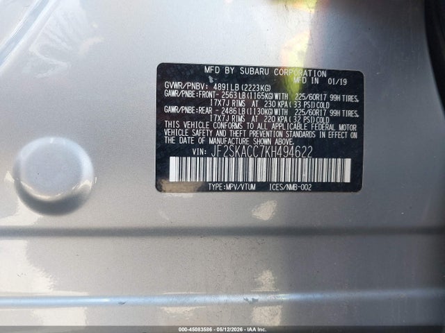 Продаж на аукціоні авто 2019 Subaru Forester, vin: JF2SKACC7KH494622, номер лоту: 45083586