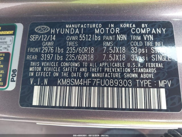 2015 Hyundai Santa Fe Gls მანქანა იყიდება აუქციონზე, vin: KM8SM4HF7FU089303, აუქციონის ნომერი: 45083591