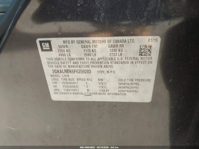 45083602 :رقم المزاد ، 2GKALREK6F6259283 vin ، 2015 Gmc Terrain Sle-2 مزاد بيع