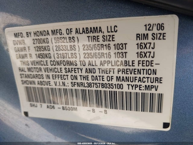 Aukcja sprzedaży 2007 Honda Odyssey Ex-l, vin: 5FNRL38757B035100, numer aukcji: 45083609