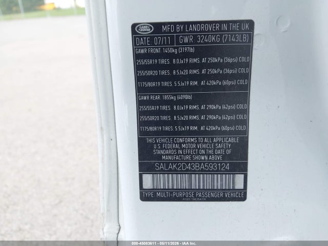 Aukcja sprzedaży 2011 Land Rover Lr4, vin: SALAK2D43BA593124, numer aukcji: 45083611