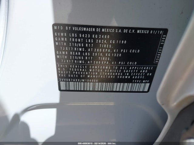 Aukcja sprzedaży 2018 Volkswagen Tiguan 2.0t S, vin: 3VV0B7AXXJM104056, numer aukcji: 45083615
