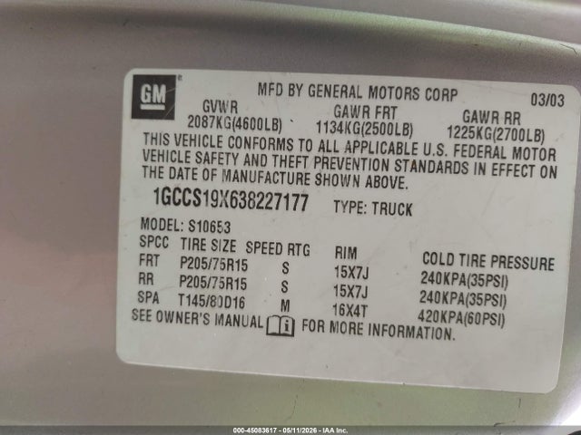 Продаж на аукціоні авто 2003 Chevrolet S-10 Ls, vin: 1GCCS19X638227177, номер лоту: 45083617